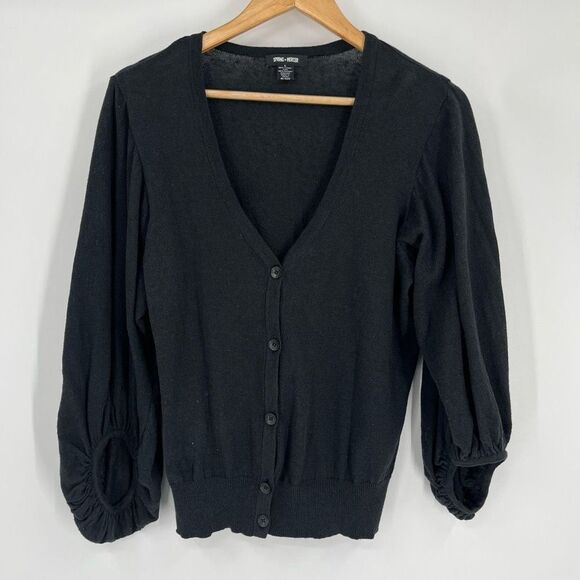 Spring + Mercer Cardigan Black Button Front Linen 3/4 Sleeves V-Neck Women Large - Picture 1 of 7